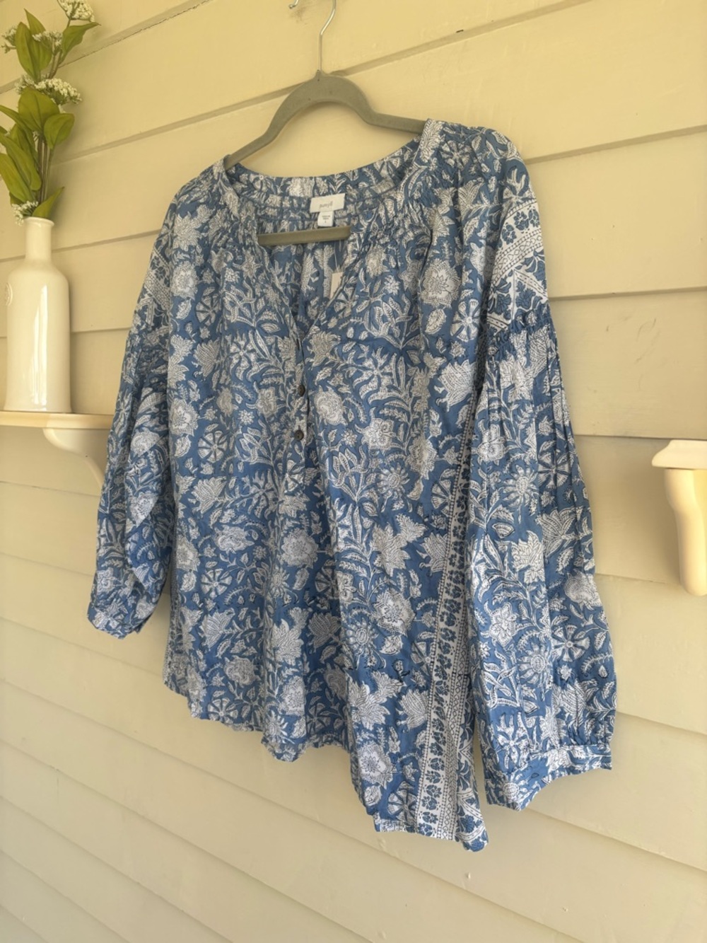 Pure Jill Hand Block Printed Foral 3/4 Sleeve Cotton Top Size Large NWT - Picture 8 of 14